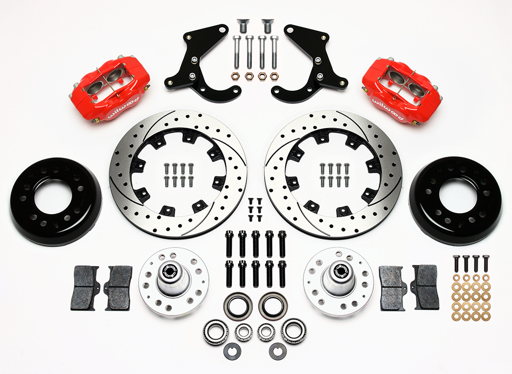 Wilwood Forged Dynalite Big Brake Front Brake Kit (Hub) Parts Laid Out - Red Powder Coat Caliper - SRP Drilled & Slotted Rotor