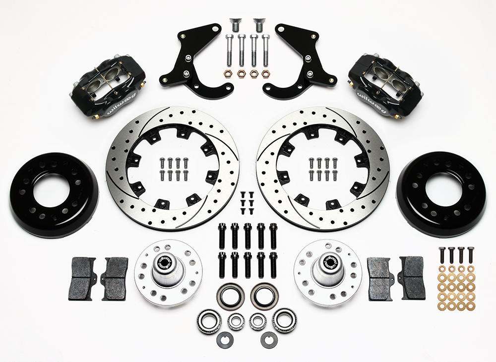 Wilwood Forged Dynalite Big Brake Front Brake Kit (Hub) Parts Laid Out - Black Powder Coat Caliper - SRP Drilled & Slotted Rotor