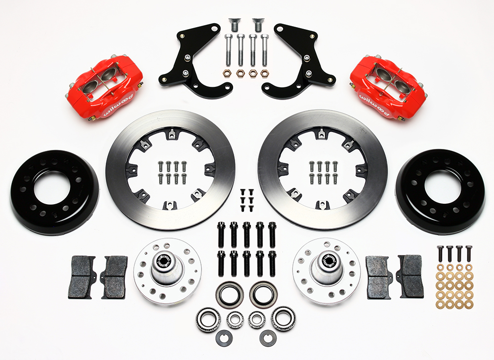 Wilwood Forged Dynalite Big Brake Front Brake Kit (Hub) Parts Laid Out - Red Powder Coat Caliper - Plain Face Rotor