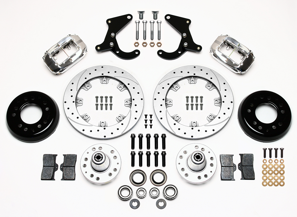 Wilwood Forged Dynalite Big Brake Front Brake Kit (Hub) Parts Laid Out - Polish Caliper - SRP Drilled & Slotted Rotor