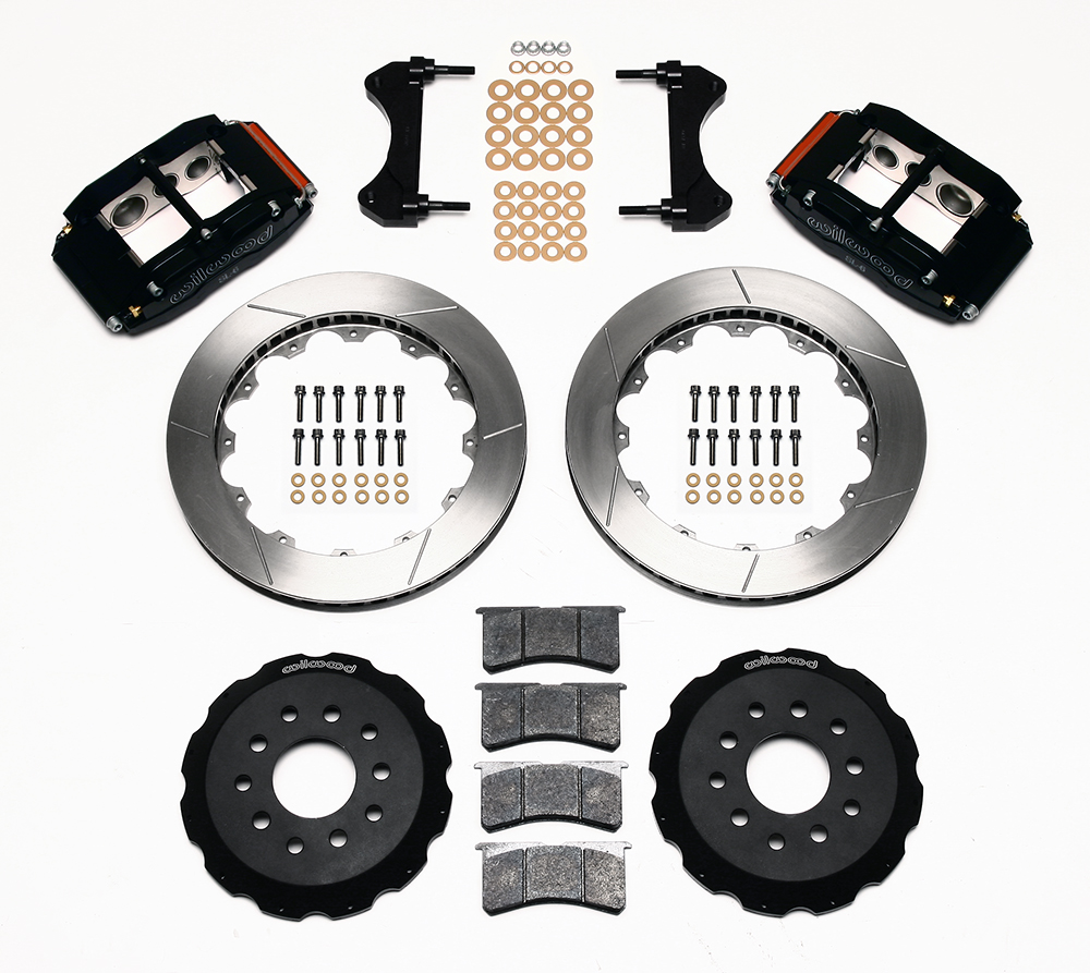 Wilwood Superlite 6R Big Brake Front Brake Kit (Hat) Parts Laid Out - Black Anodize Caliper - GT Slotted Rotor