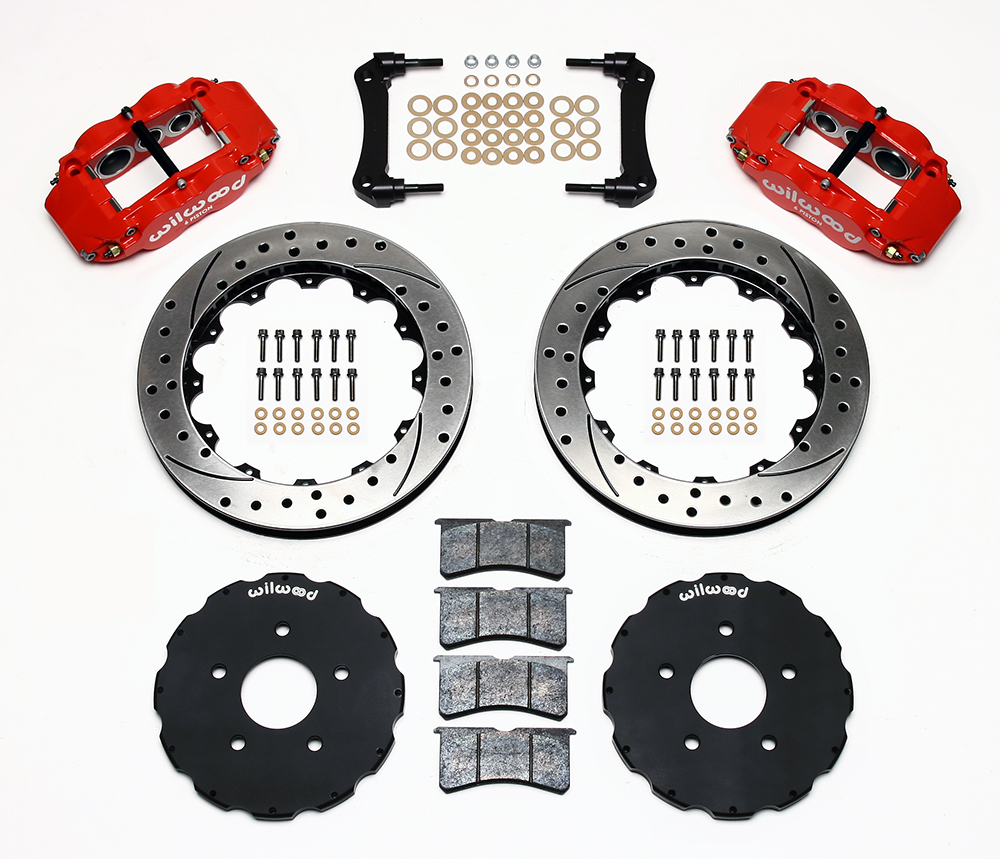 Wilwood Forged Narrow Superlite 6R Big Brake Front Brake Kit (Hat) Parts Laid Out - Red Powder Coat Caliper - SRP Drilled & Slotted Rotor