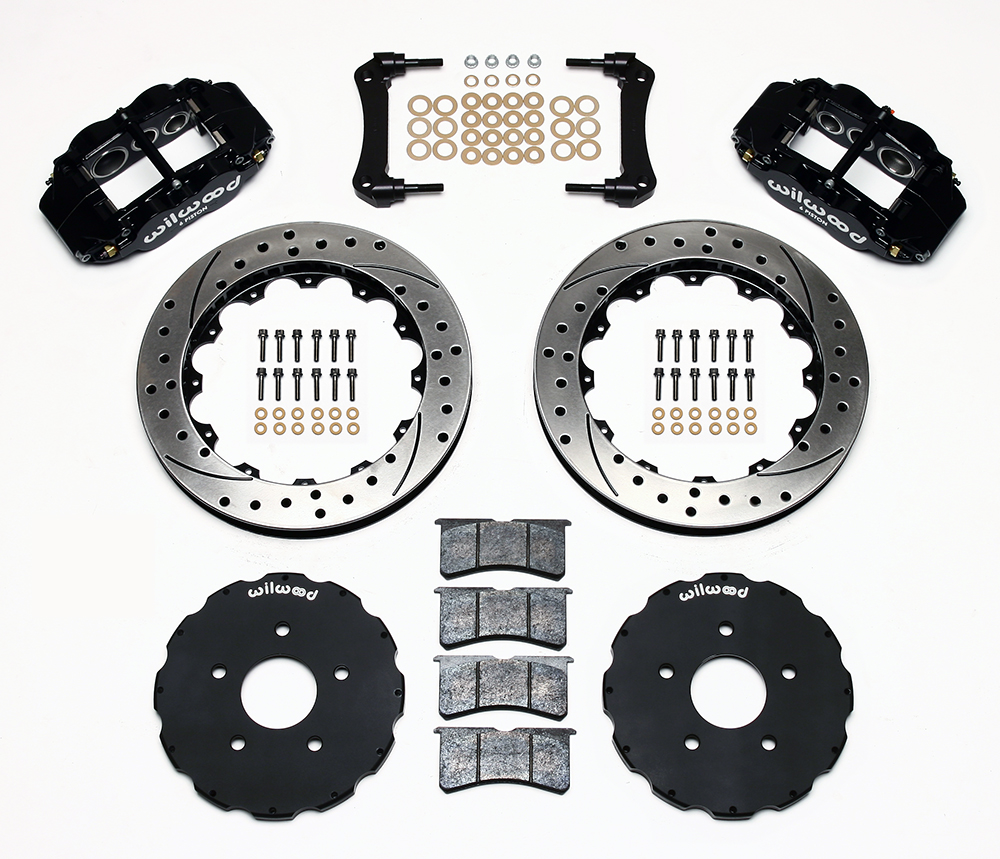 Wilwood Forged Narrow Superlite 6R Big Brake Front Brake Kit (Hat) Parts Laid Out - Black Powder Coat Caliper - SRP Drilled & Slotted Rotor