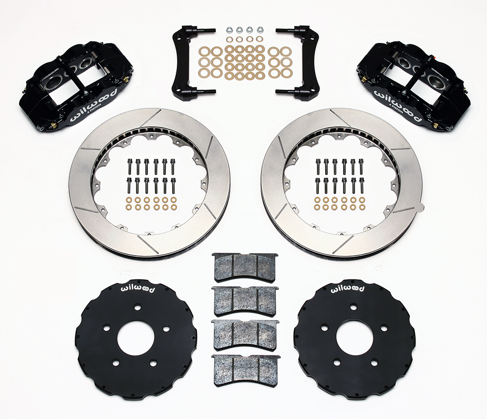 Wilwood Forged Narrow Superlite 6R Big Brake Front Brake Kit (Hat) Parts Laid Out - Black Powder Coat Caliper - GT Slotted Rotor