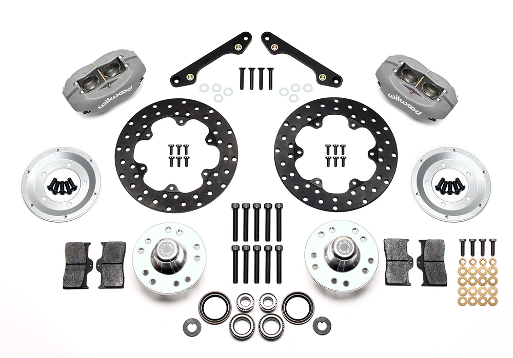 Wilwood Forged Dynalite Front Drag Brake Kit Parts Laid Out - Type III Anodize Caliper - Drilled Rotor