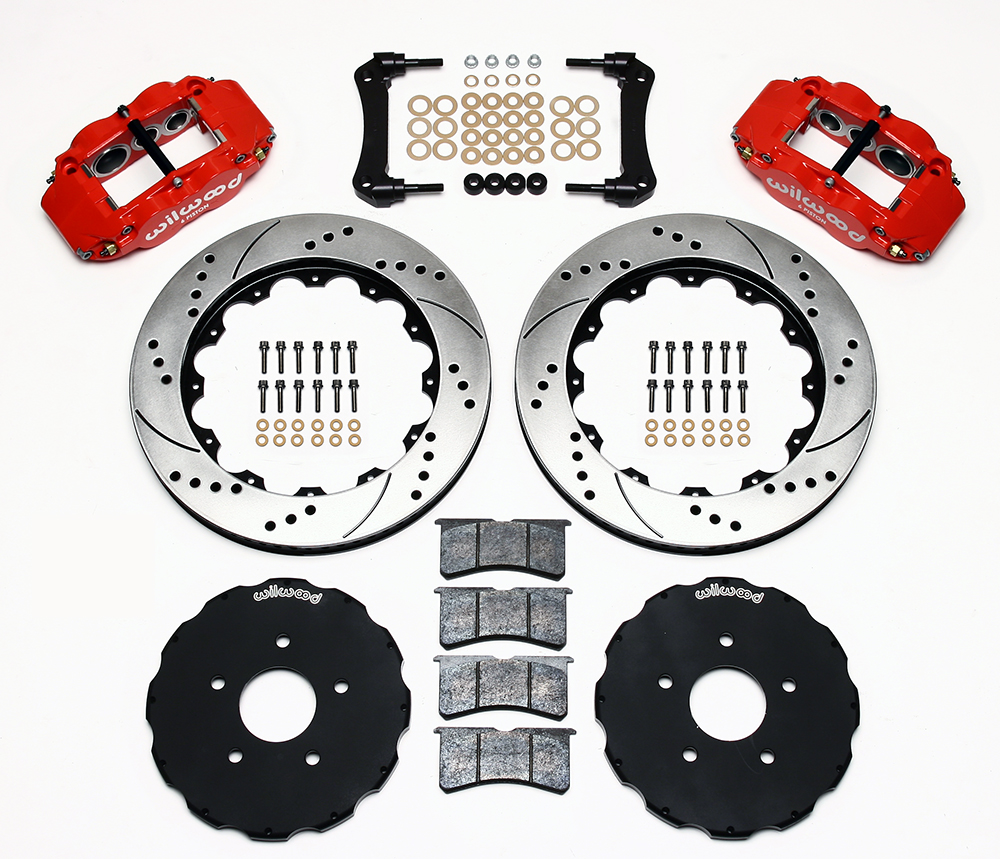 Wilwood Forged Narrow Superlite 6R Big Brake Front Brake Kit (Hat) Parts Laid Out - Red Powder Coat Caliper - SRP Drilled & Slotted Rotor