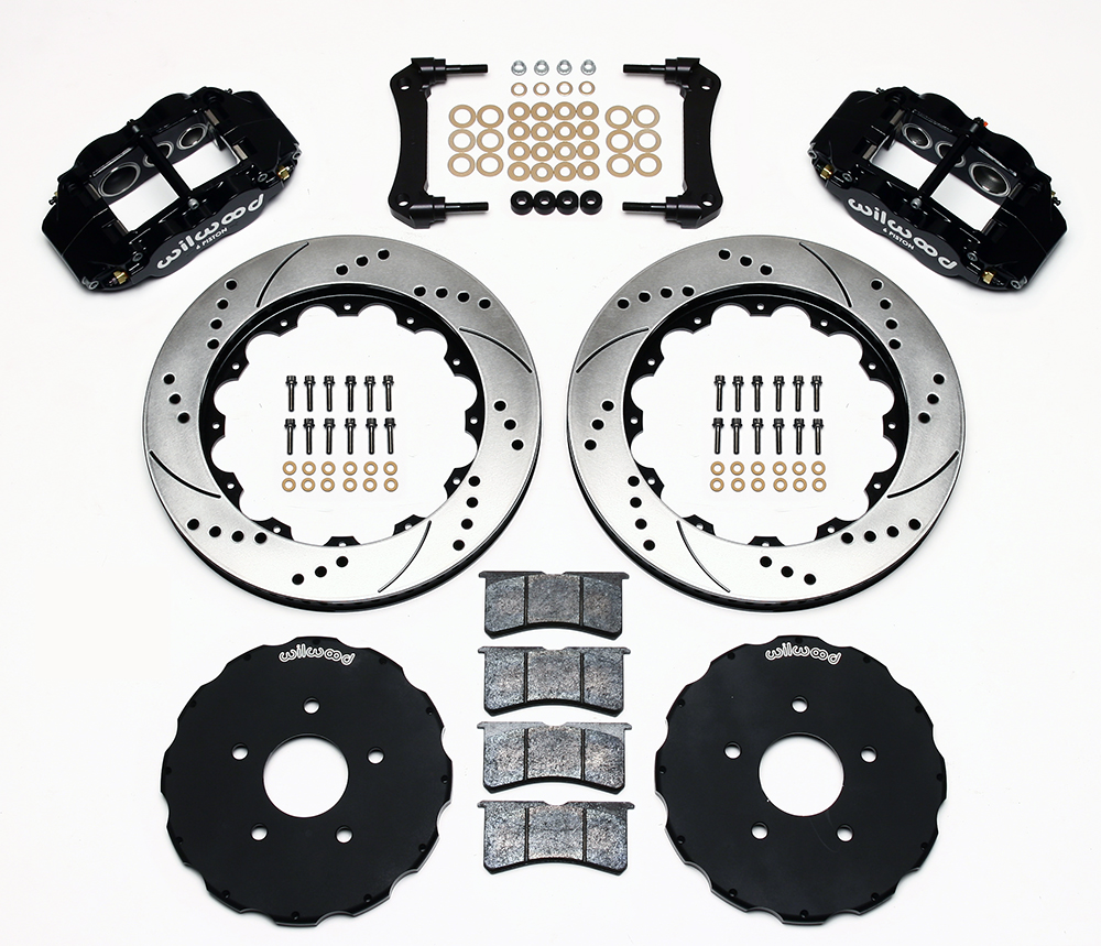 Wilwood Forged Narrow Superlite 6R Big Brake Front Brake Kit (Hat) Parts Laid Out - Black Powder Coat Caliper - SRP Drilled & Slotted Rotor