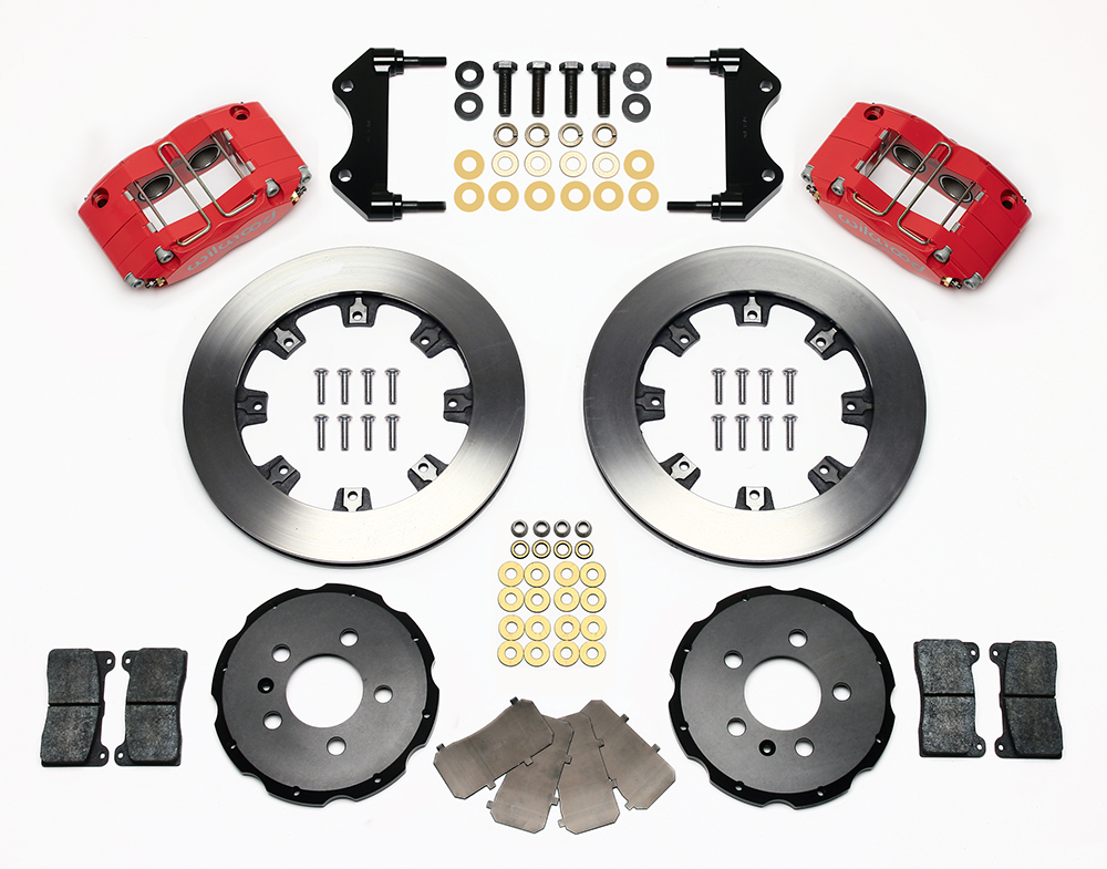 Wilwood Dynapro Radial Big Brake Front Brake Kit (Hat) Parts Laid Out - Red Powder Coat Caliper - Plain Face Rotor