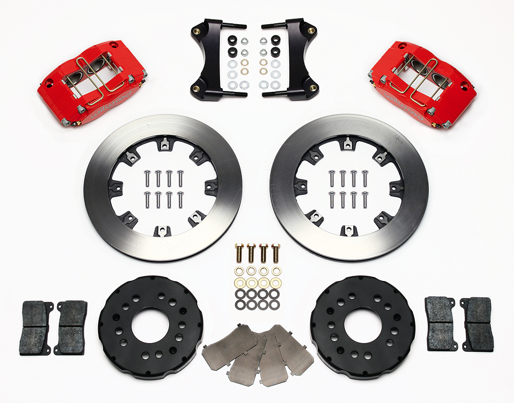 Wilwood Dynapro Radial Big Brake Front Brake Kit (Hat) Parts Laid Out - Red Powder Coat Caliper - Plain Face Rotor