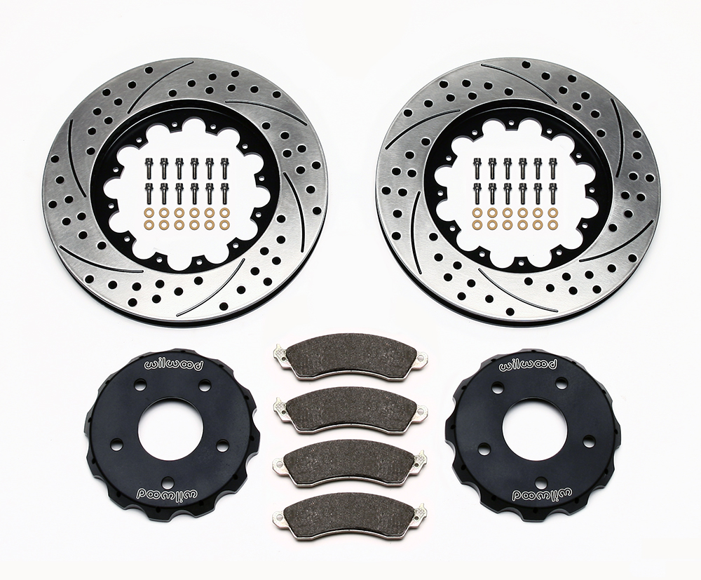 Wilwood Promatrix Front Replacement Rotor Kit Parts Laid Out - SRP Drilled & Slotted Rotor