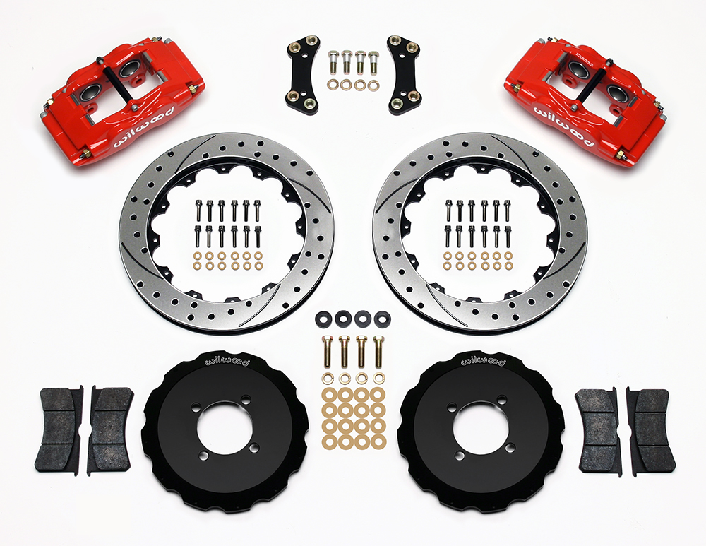 Wilwood Forged Superlite 4 Big Brake Front Brake Kit (Hat) Parts Laid Out - Red Powder Coat Caliper - SRP Drilled & Slotted Rotor