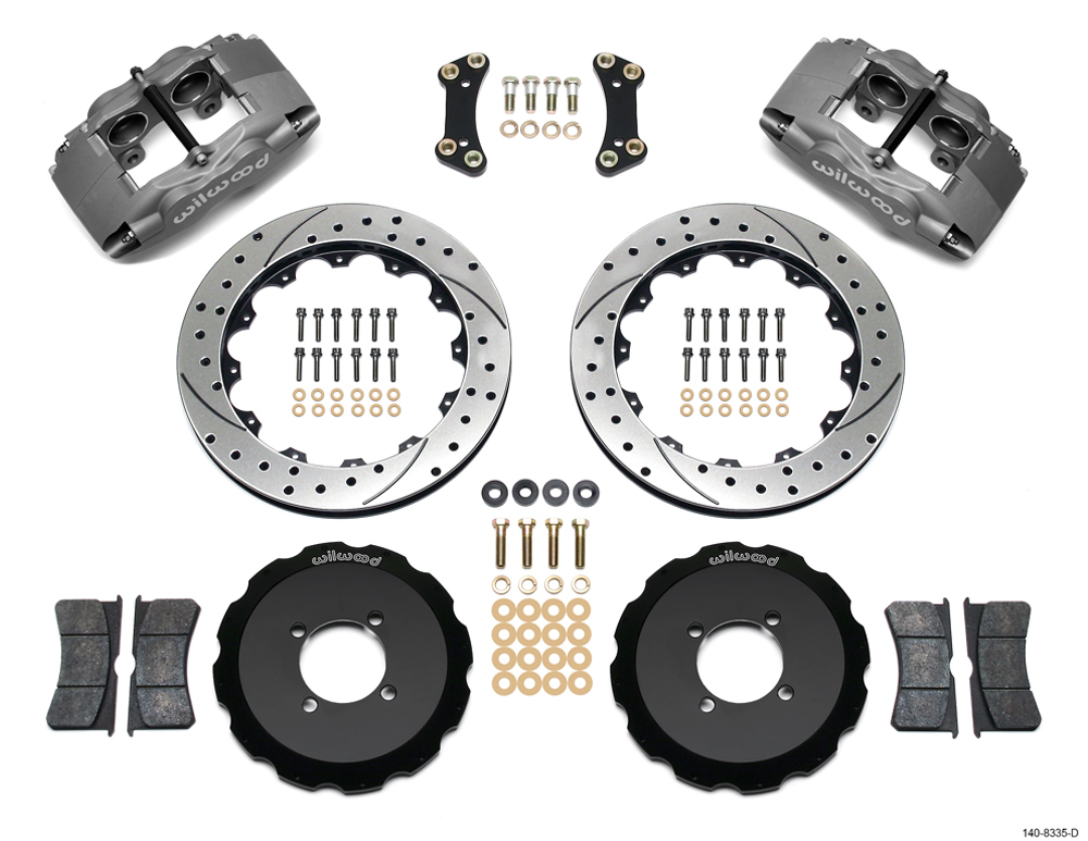 Wilwood Forged Superlite 4 Big Brake Front Brake Kit (Hat) Parts Laid Out - Type III Anodize Caliper - SRP Drilled & Slotted Rotor