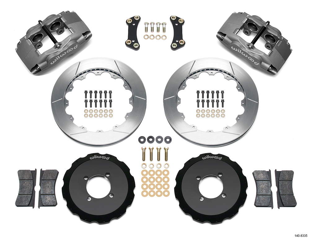 Wilwood Forged Superlite 4 Big Brake Front Brake Kit (Hat) Parts Laid Out - Type III Anodize Caliper - GT Slotted Rotor