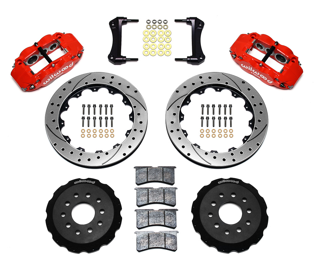 Wilwood Forged Narrow Superlite 6R Big Brake Front Brake Kit (Hat) Parts Laid Out - Red Powder Coat Caliper - SRP Drilled & Slotted Rotor