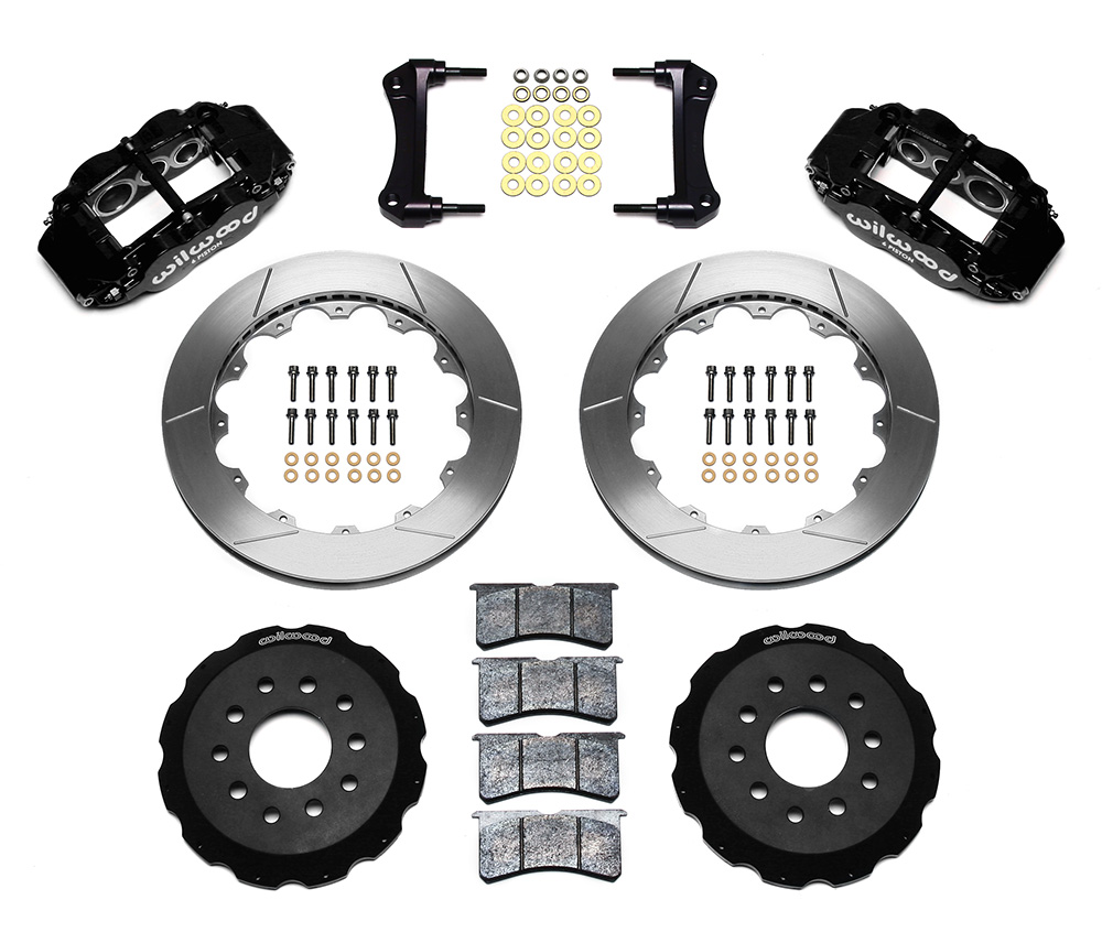 Wilwood Forged Narrow Superlite 6R Big Brake Front Brake Kit (Hat) Parts Laid Out - Black Powder Coat Caliper - GT Slotted Rotor