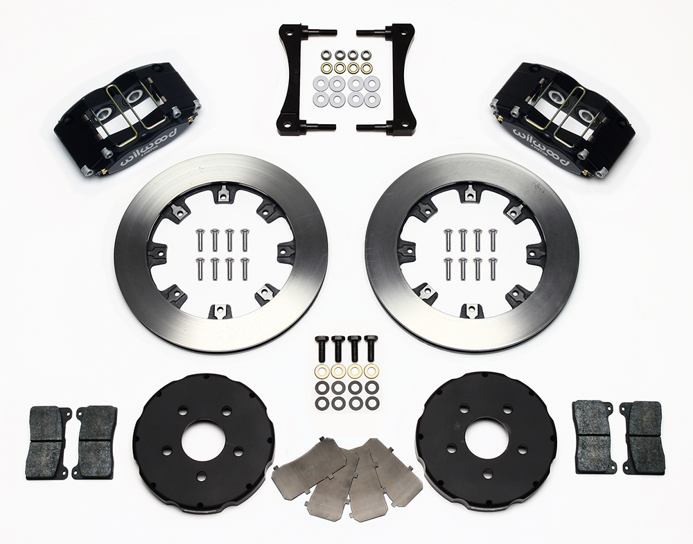 Wilwood Dynapro Radial Big Brake Front Brake Kit (Hat) Parts Laid Out - Black Anodize Caliper - Plain Face Rotor