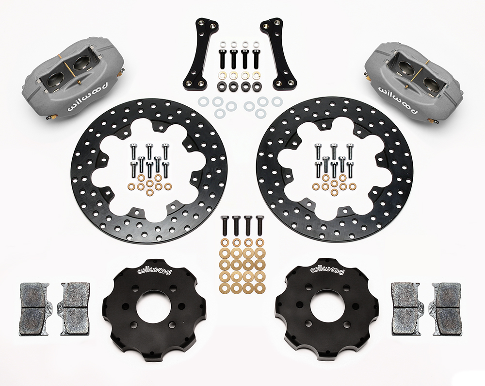 Wilwood Forged Dynalite Front Drag Brake Kit (Hat) Parts Laid Out - Type III Ano Caliper - Drilled Rotor
