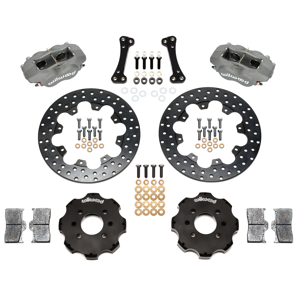 Wilwood Forged Dynalite Front Drag Brake Kit (Hat) Parts Laid Out - Type III Anodize Caliper - Drilled Rotor