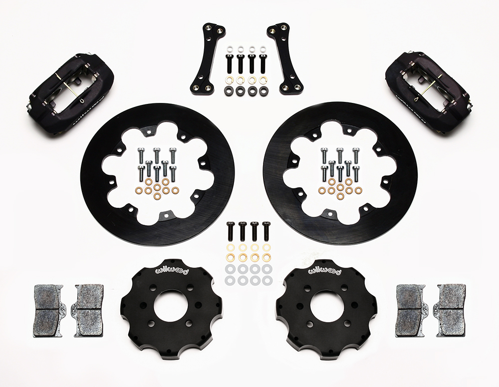 Wilwood Forged Dynalite Front Drag Brake Kit (Hat) Parts Laid Out - Type III Anodize Caliper - Plain Face Rotor