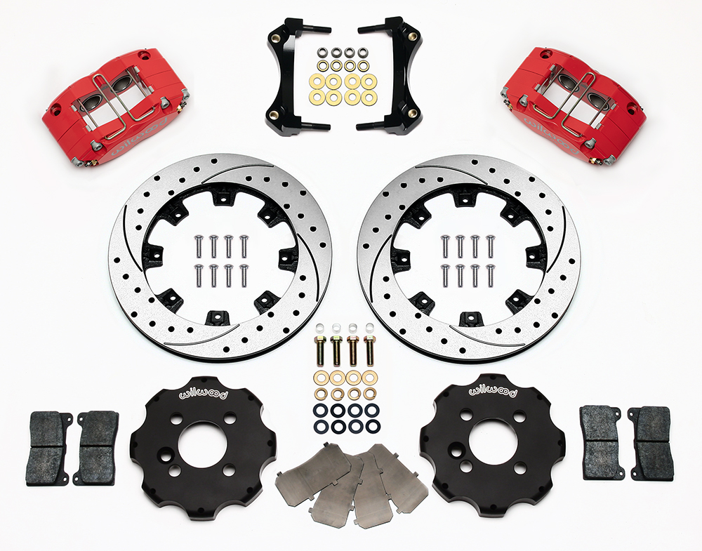 Wilwood Dynapro Radial Big Brake Front Brake Kit (Hat) Parts Laid Out - Red Powder Coat Caliper - SRP Drilled & Slotted Rotor