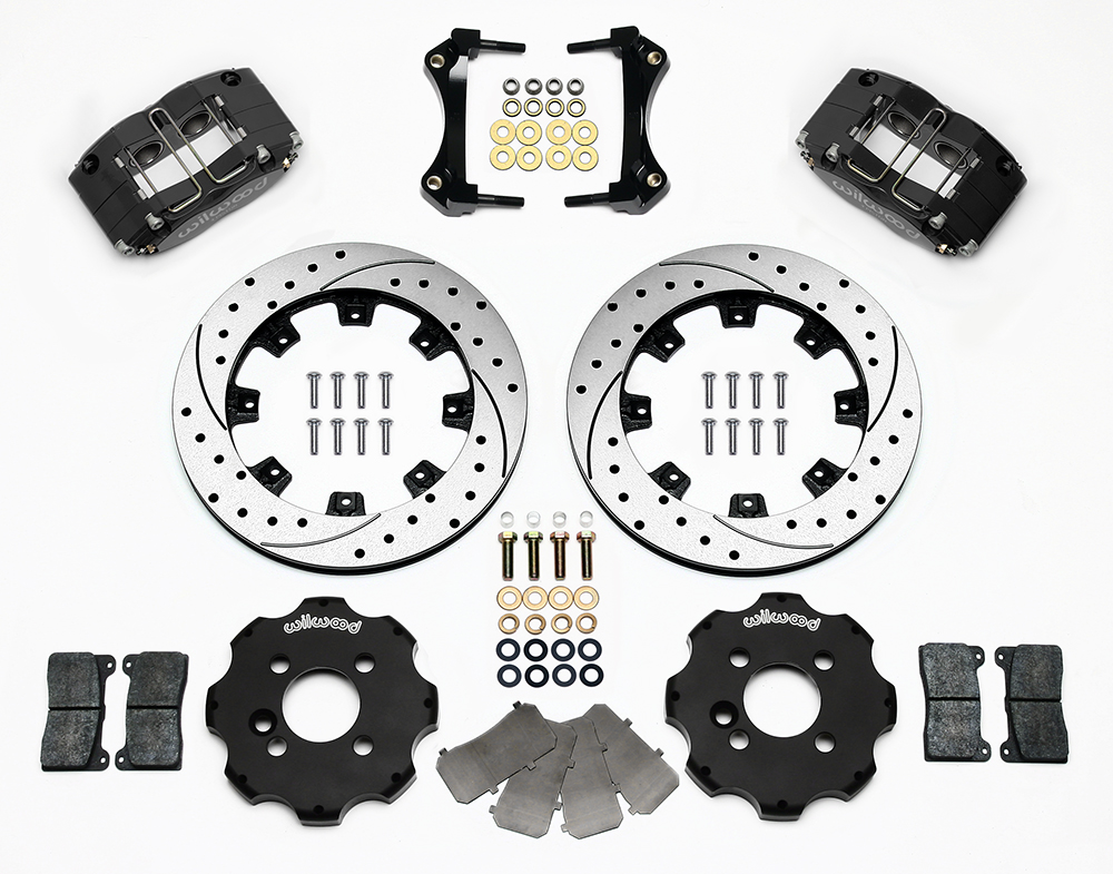 Wilwood Dynapro Radial Big Brake Front Brake Kit (Hat) Parts Laid Out - Black Powder Coat Caliper - SRP Drilled & Slotted Rotor