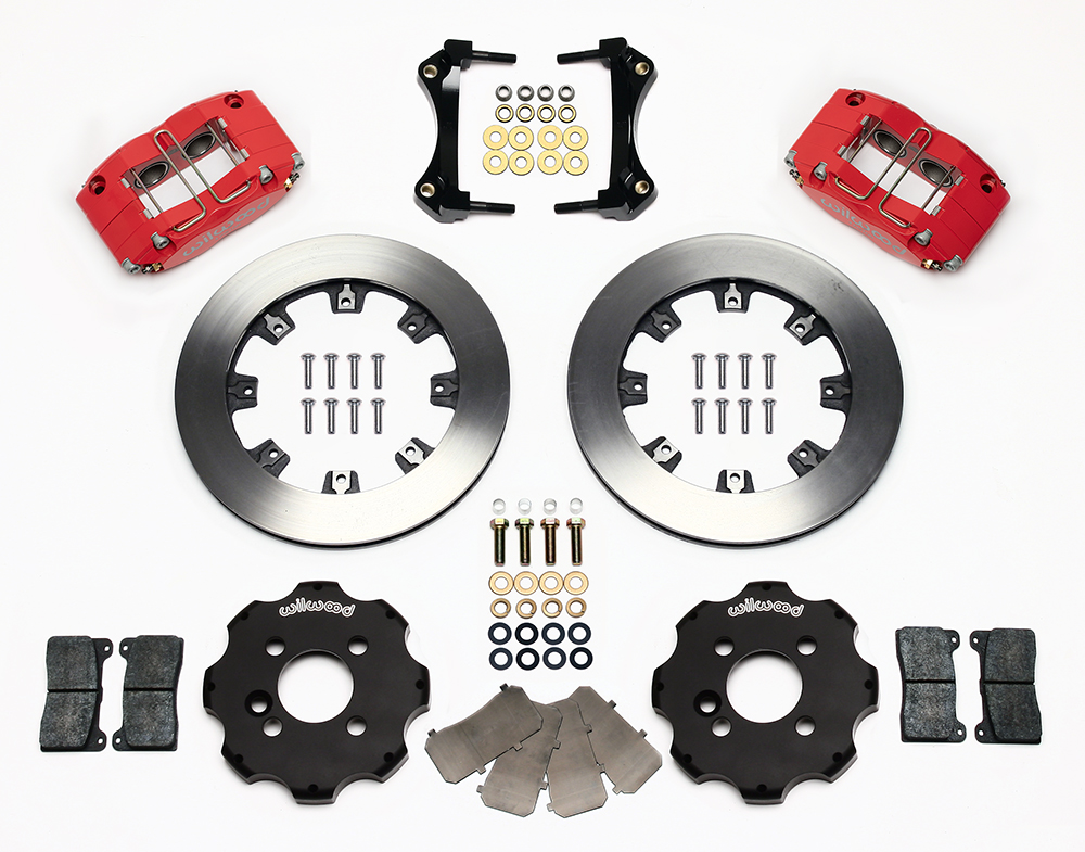 Wilwood Dynapro Radial Big Brake Front Brake Kit (Hat) Parts Laid Out - Red Powder Coat Caliper - Plain Face Rotor