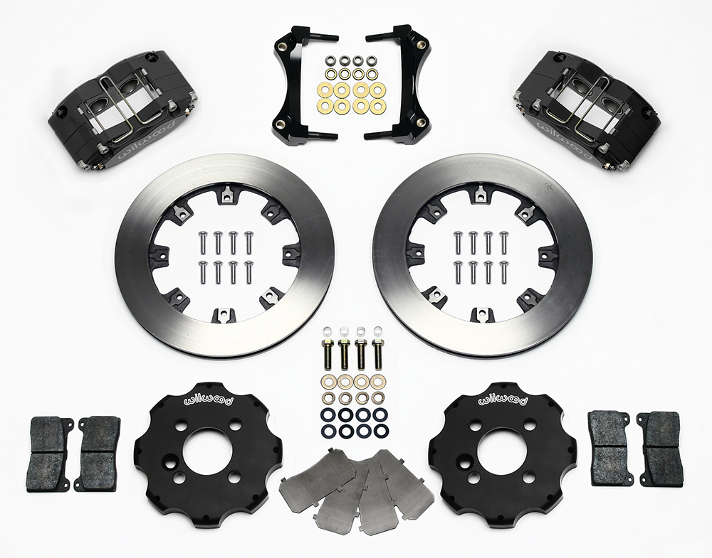 Wilwood Dynapro Radial Big Brake Front Brake Kit (Hat) Parts Laid Out - Black Powder Coat Caliper - Plain Face Rotor