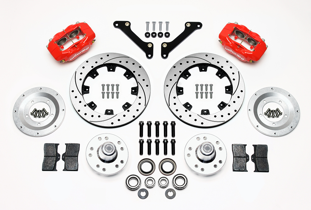 Wilwood Forged Dynalite Big Brake Front Brake Kit (Hub) Parts Laid Out - Red Powder Coat Caliper - SRP Drilled & Slotted Rotor