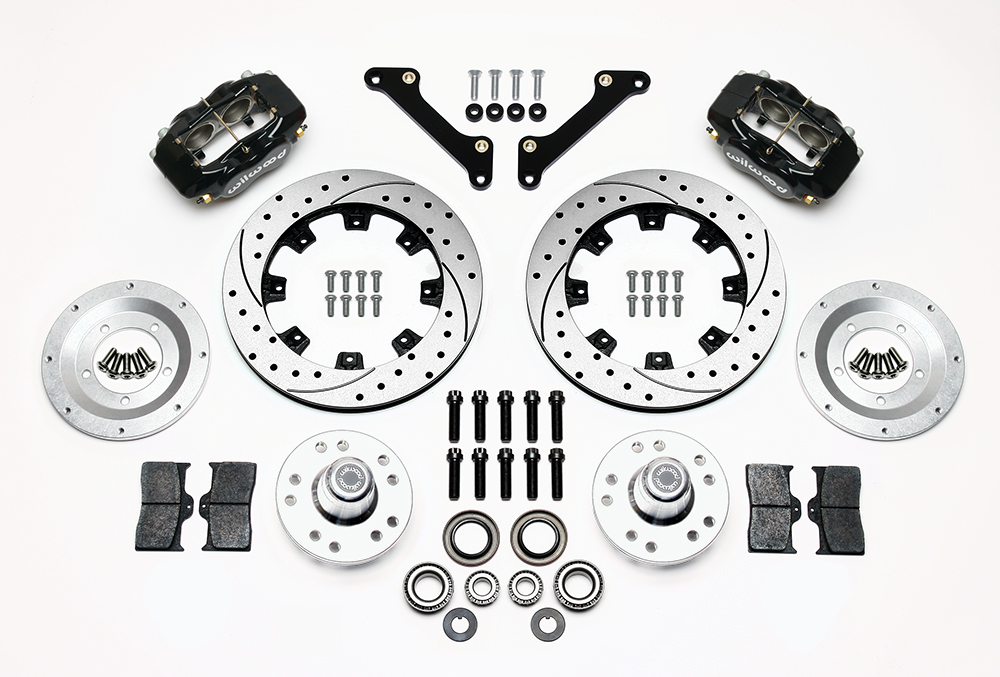 Wilwood Forged Dynalite Big Brake Front Brake Kit (Hub) Parts Laid Out - Black Powder Coat Caliper - SRP Drilled & Slotted Rotor