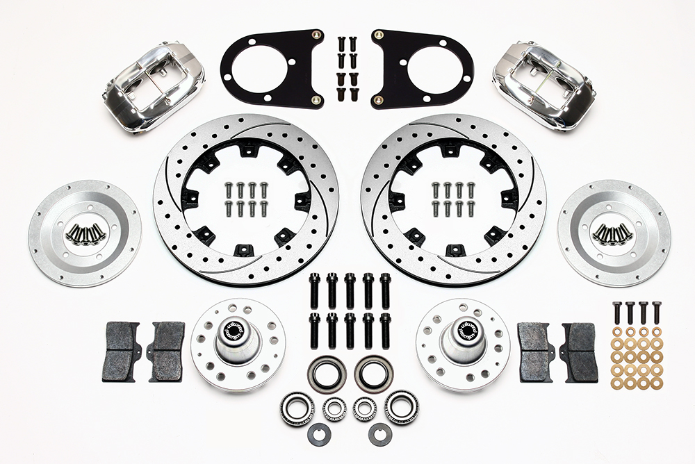 Wilwood Forged Dynalite Big Brake Front Brake Kit (Hub) Parts Laid Out - Polish Caliper - SRP Drilled & Slotted Rotor