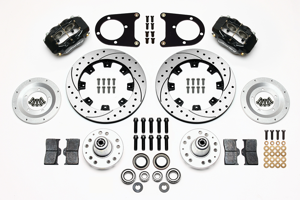 Wilwood Forged Dynalite Big Brake Front Brake Kit (Hub) Parts Laid Out - Black Powder Coat Caliper - SRP Drilled & Slotted Rotor