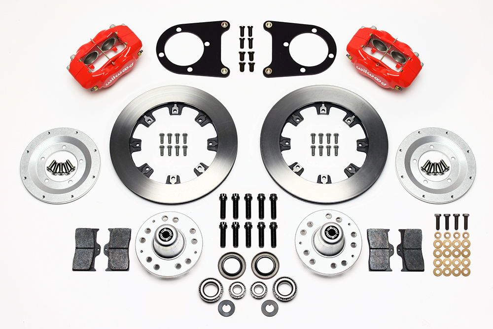 Wilwood Forged Dynalite Big Brake Front Brake Kit (Hub) Parts Laid Out - Red Powder Coat Caliper - Plain Face Rotor