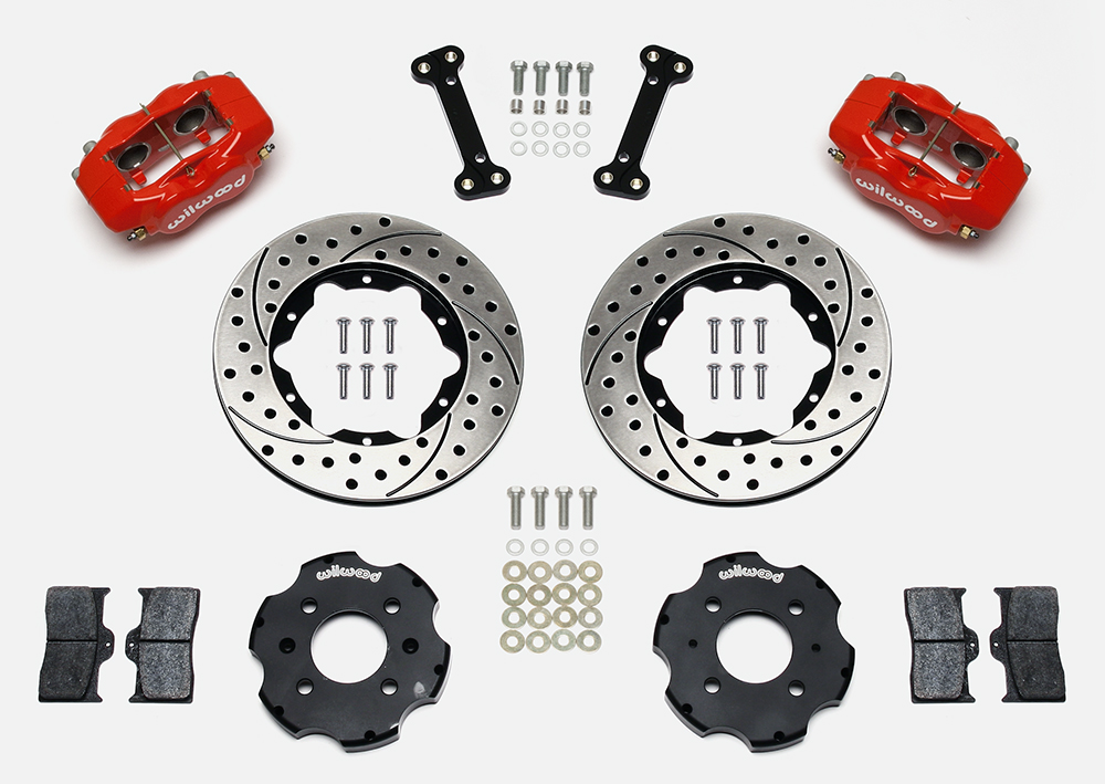 Wilwood Forged Dynalite Big Brake Front Brake Kit (Hat) Parts Laid Out - Red Powder Coat Caliper - SRP Drilled & Slotted Rotor