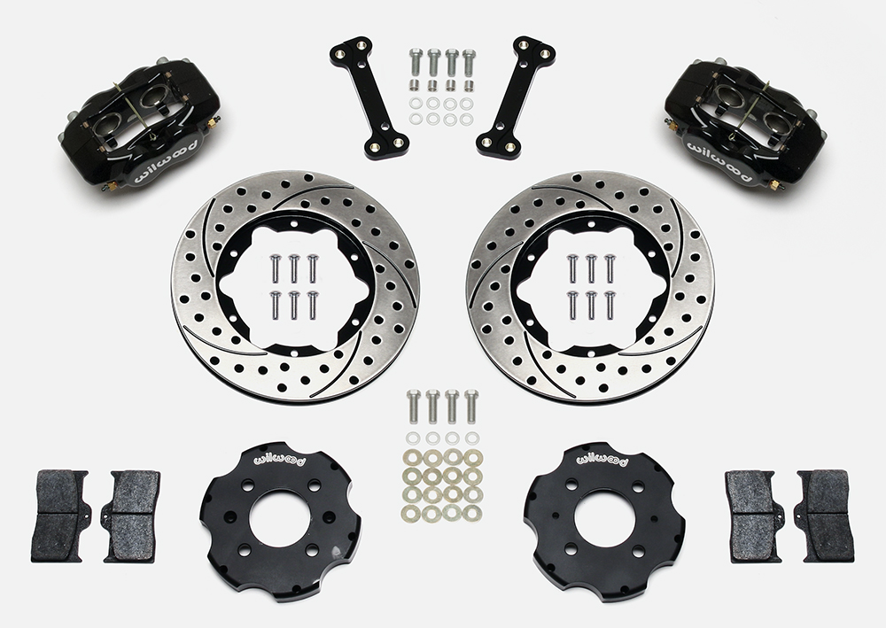 Wilwood Forged Dynalite Big Brake Front Brake Kit (Hat) Parts Laid Out - Black Powder Coat Caliper - SRP Drilled & Slotted Rotor