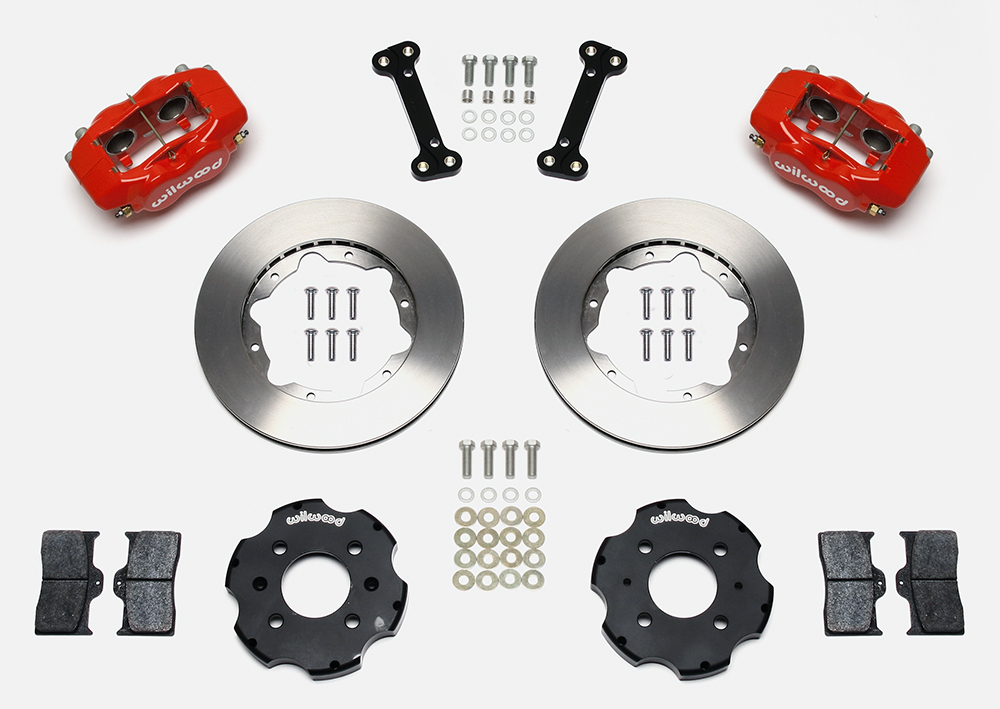 Wilwood Forged Dynalite Big Brake Front Brake Kit (Hat) Parts Laid Out - Red Powder Coat Caliper - Plain Face Rotor