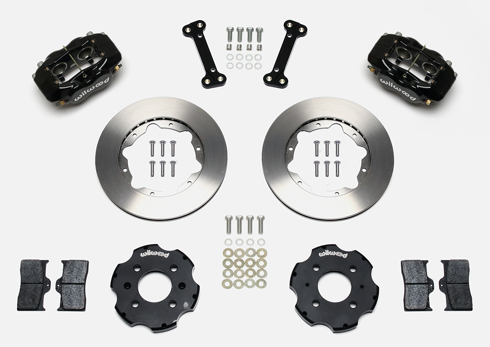 Wilwood Forged Dynalite Big Brake Front Brake Kit (Hat) Parts Laid Out - Black Powder Coat Caliper - Plain Face Rotor