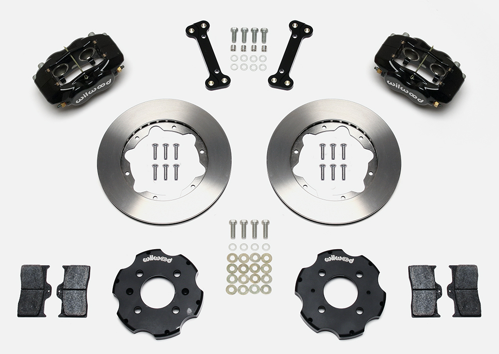 Wilwood Forged Dynalite Big Brake Front Brake Kit (Hat) Parts Laid Out - Black Powder Coat Caliper - Plain Face Rotor