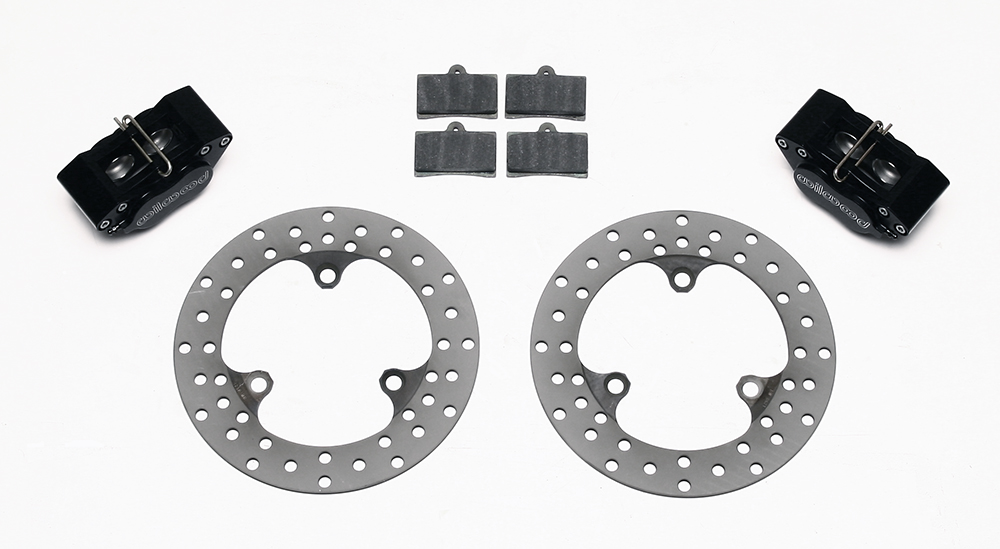 Wilwood GP320 Midget Front Brake Kit Parts Laid Out - Type III Anodize Caliper - Drilled Rotor