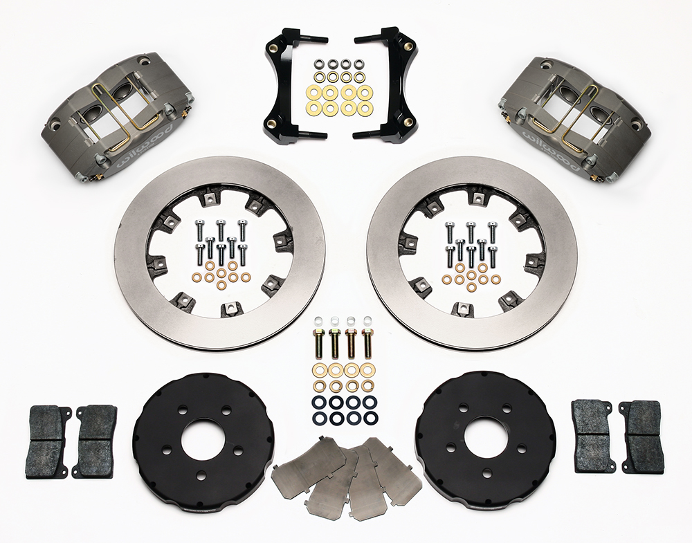 Wilwood Dynapro Radial Big Brake Front Brake Kit (Hat) Parts Laid Out - Type III Ano Caliper - GT Slotted Rotor