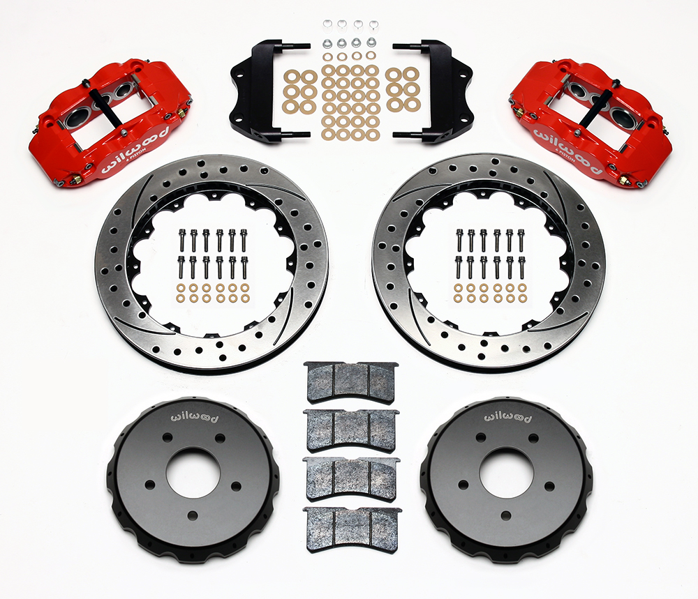 Wilwood Forged Narrow Superlite 6R Big Brake Front Brake Kit (Hat) Parts Laid Out - Red Powder Coat Caliper - SRP Drilled & Slotted Rotor