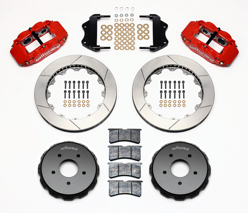 Wilwood Forged Narrow Superlite 6R Big Brake Front Brake Kit (Hat) Parts Laid Out - Red Powder Coat Caliper - GT Slotted Rotor