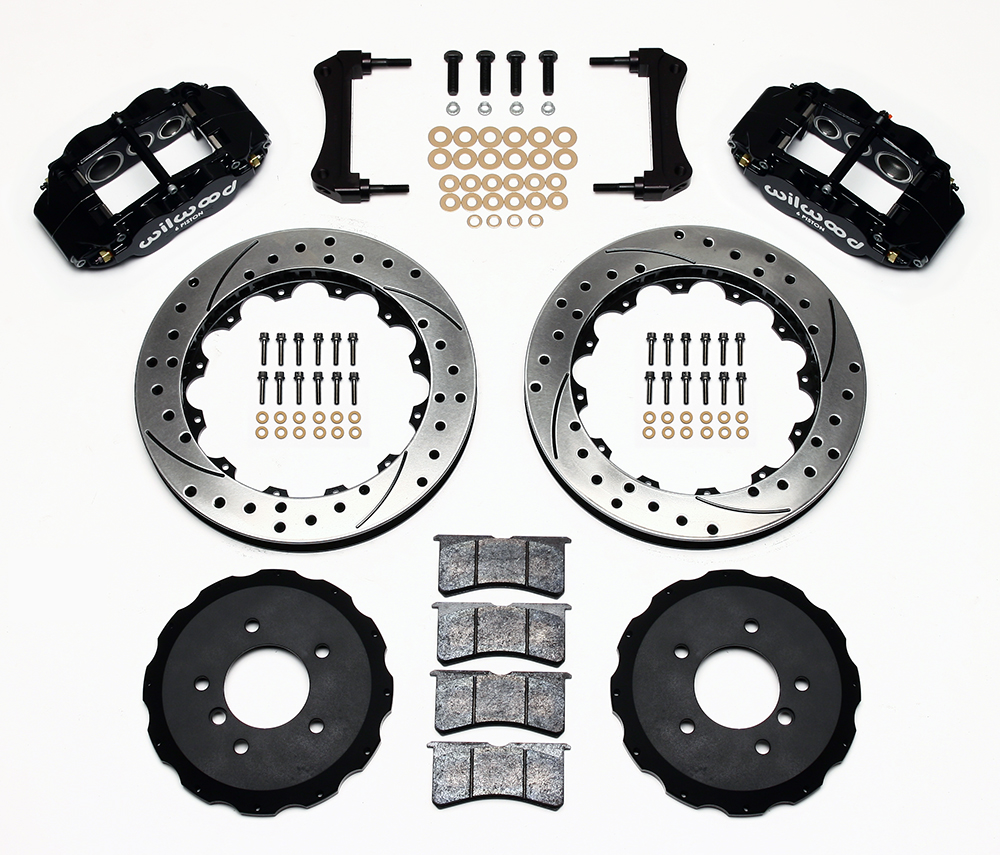 Wilwood Forged Narrow Superlite 6R Big Brake Front Brake Kit (Hat) Parts Laid Out - Black Powder Coat Caliper - SRP Drilled & Slotted Rotor