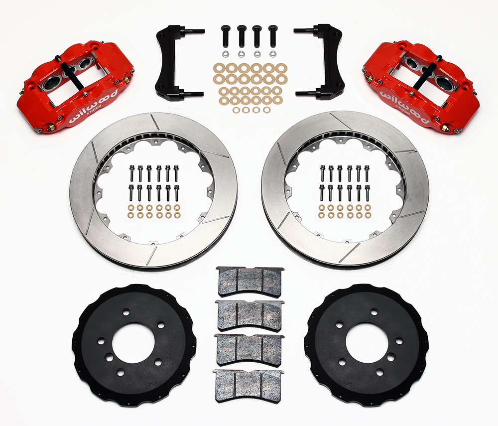 Wilwood Forged Narrow Superlite 6R Big Brake Front Brake Kit (Hat) Parts Laid Out - Red Powder Coat Caliper - GT Slotted Rotor