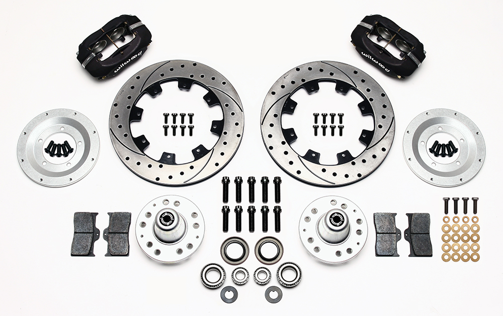 Wilwood Forged Dynalite Big Brake Front Brake Kit (Hub) Parts Laid Out - Type III Anodize Caliper - SRP Drilled & Slotted Rotor