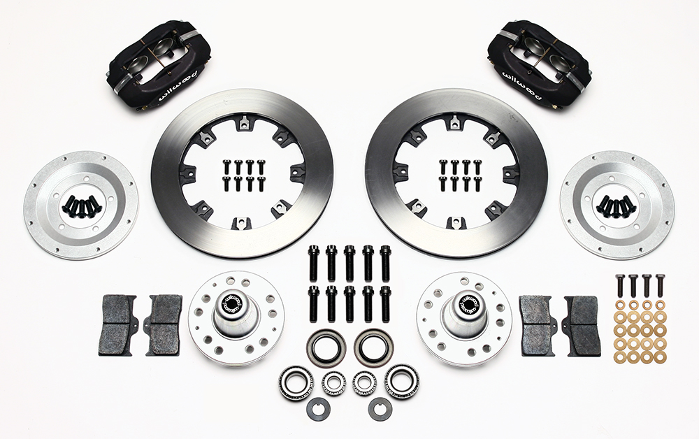 Wilwood Forged Dynalite Big Brake Front Brake Kit (Hub) Parts Laid Out - Type III Anodize Caliper - Plain Face Rotor