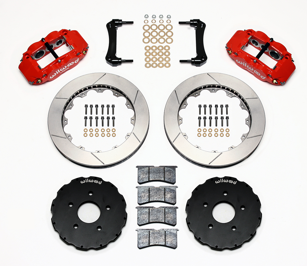 Wilwood Forged Narrow Superlite 6R Big Brake Front Brake Kit (Hat) Parts Laid Out - Red Powder Coat Caliper - GT Slotted Rotor