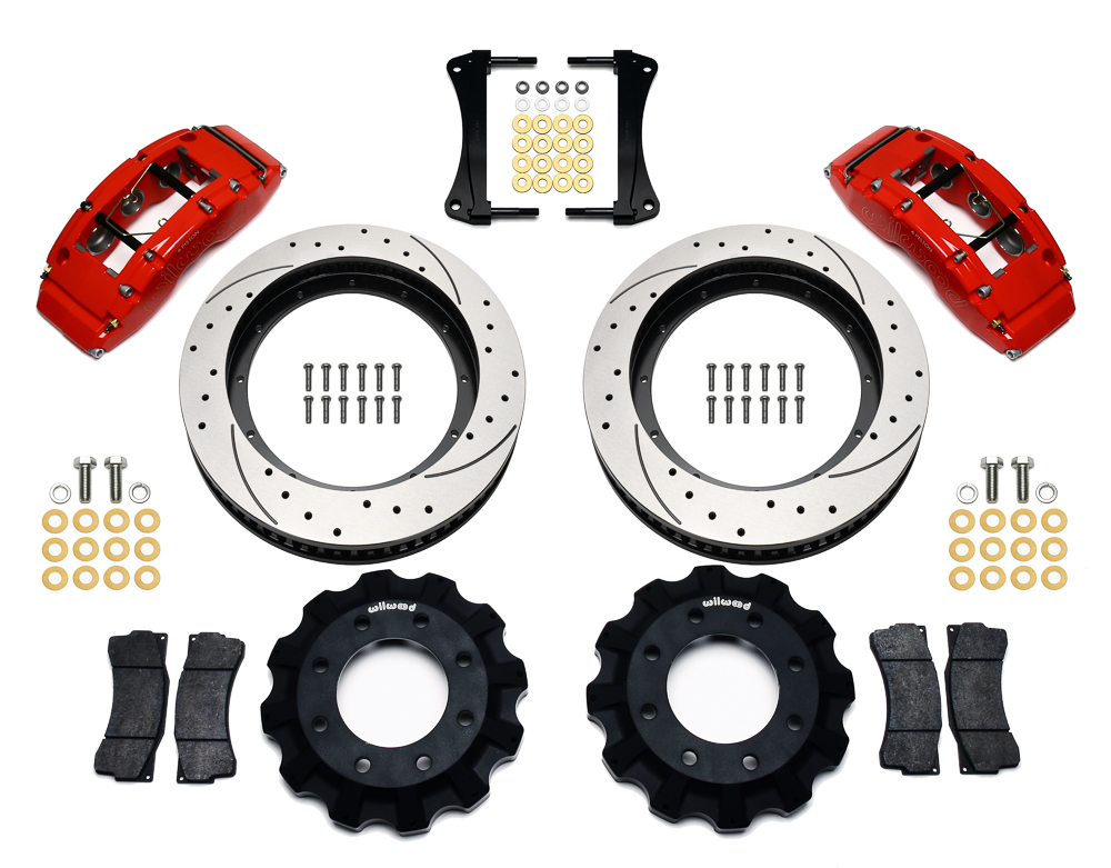 Wilwood TC6R Big Brake Truck Front Brake Kit Parts Laid Out - Red Powder Coat Caliper - SRP Drilled & Slotted Rotor