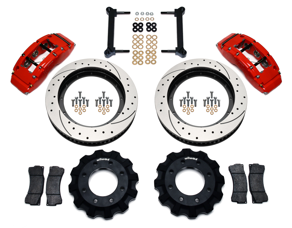 Wilwood TC6R Big Brake Truck Front Brake Kit Parts Laid Out - Red Powder Coat Caliper - SRP Drilled & Slotted Rotor