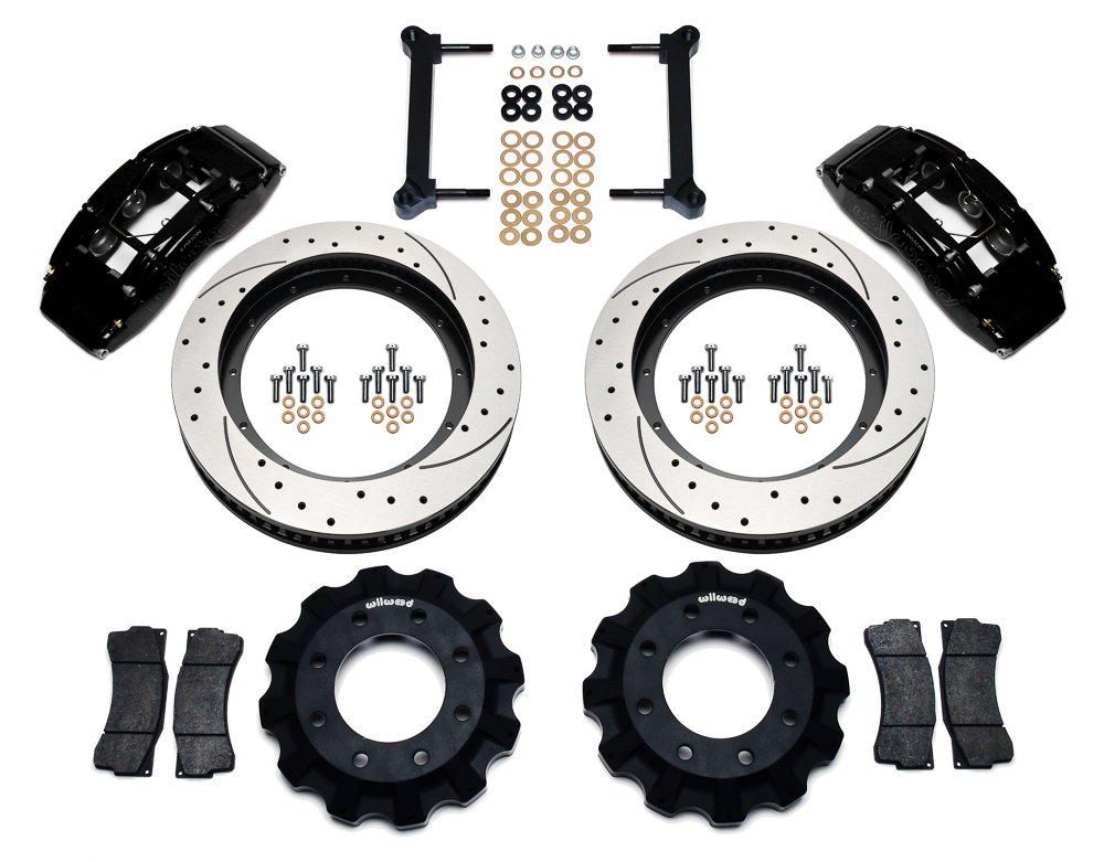 Wilwood TC6R Big Brake Truck Front Brake Kit Parts Laid Out - Black Powder Coat Caliper - SRP Drilled & Slotted Rotor