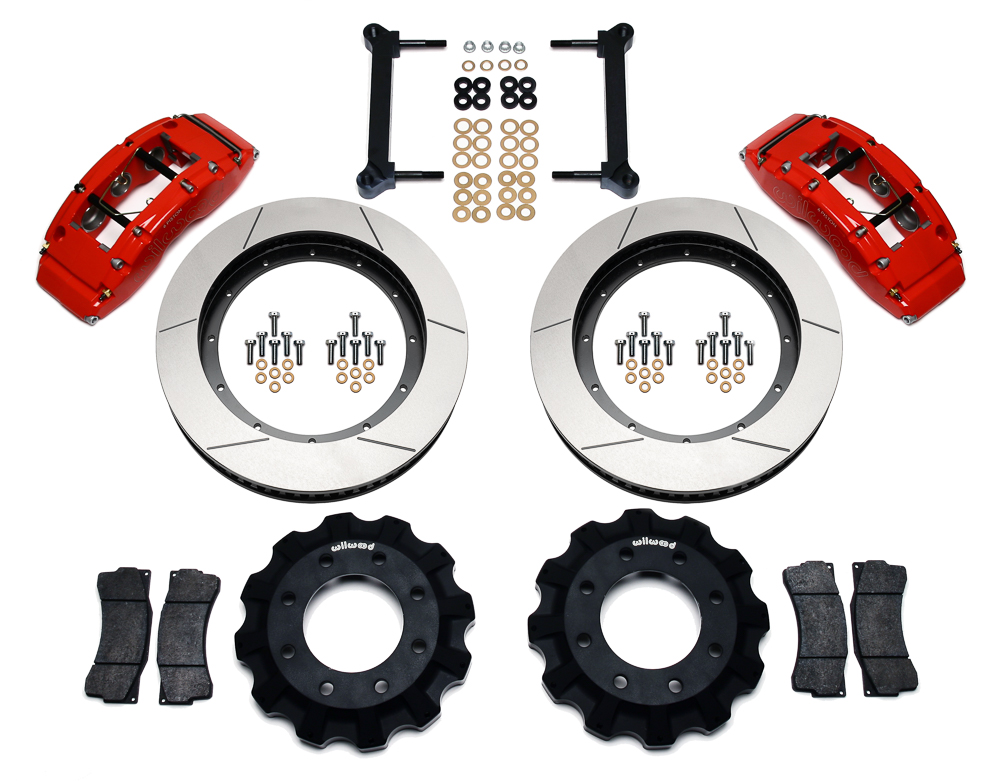 Wilwood TC6R Big Brake Truck Front Brake Kit Parts Laid Out - Red Powder Coat Caliper - GT Slotted Rotor